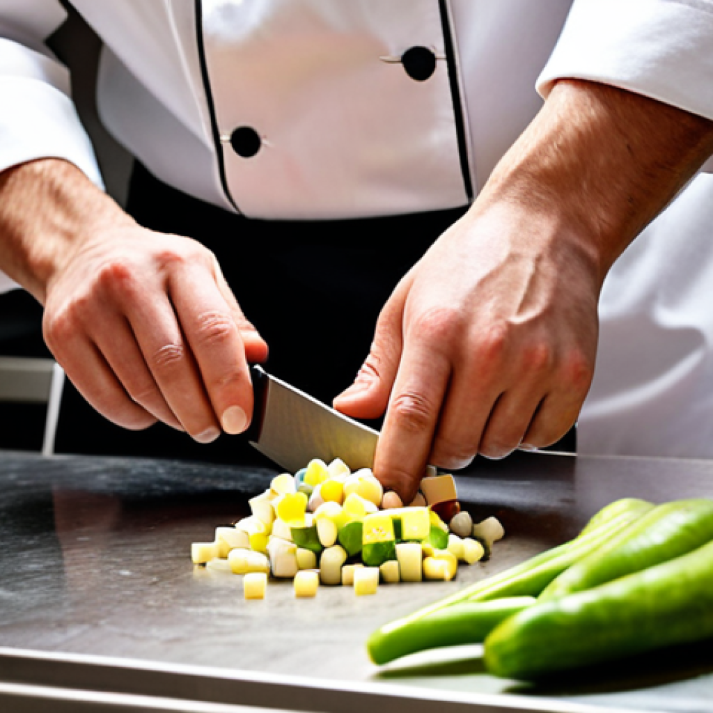 **

A chef skillfully using a knife to finely dice vegetables, showcasing perfect technique with a focus on precision and safety. The scene is in a professional kitchen with bright lighting and stainless steel surfaces. The chef is wearing a clean uniform.

**