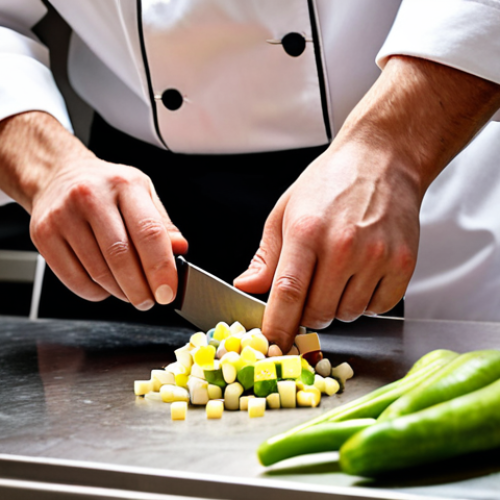 Home 11 **
A chef skillfully using a knife to finely dice vegetables, showcasing perfect technique with a focus on precision and safety. The scene is in a professional kitchen with bright lighting and stainless steel surfaces. The chef is wearing a clean uniform.
**