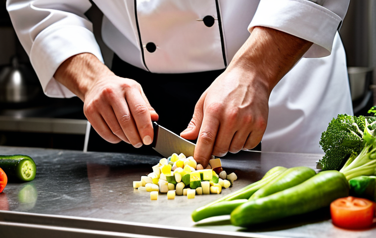 **
A chef skillfully using a knife to finely dice vegetables, showcasing perfect technique with a focus on precision and safety. The scene is in a professional kitchen with bright lighting and stainless steel surfaces. The chef is wearing a clean uniform.
**