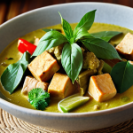 **Vibrant Thai Curry Plant-Based Fusion:** Close-up shot of a colorful vegan Thai green curry with tofu, coconut milk, kaffir lime leaves, and galangal. Focus on rich textures and aromatic steam rising from the bowl.