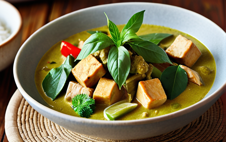 **Vibrant Thai Curry Plant-Based Fusion:** Close-up shot of a colorful vegan Thai green curry with tofu, coconut milk, kaffir lime leaves, and galangal. Focus on rich textures and aromatic steam rising from the bowl.