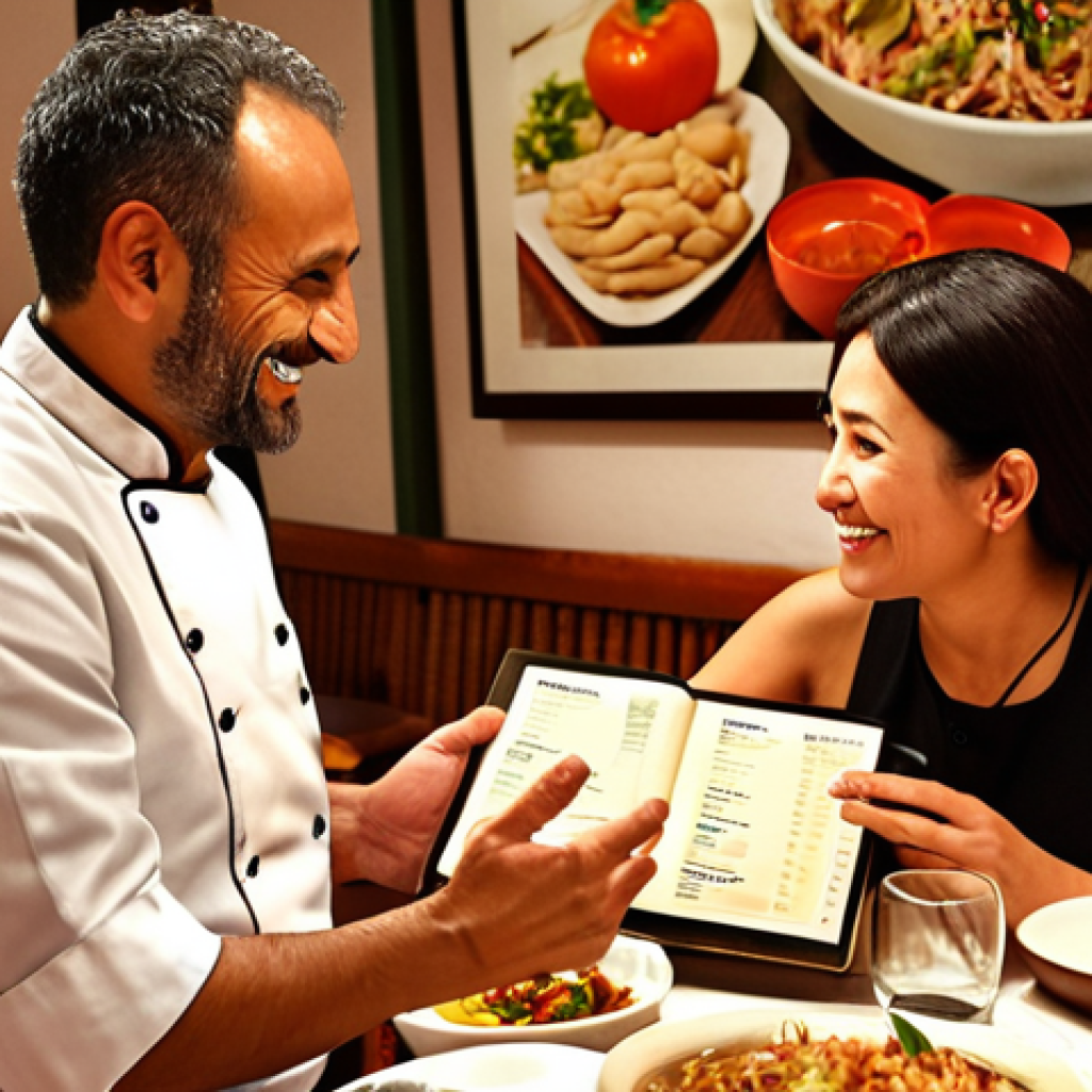 A warm and inviting scene inside a multicultural restaurant in Spain. A compassionate Spanish chef, mid-40s, with an authentic smile, is leaning slightly towards a table of diverse diners (e.g., an Asian couple, a family from the Middle East, a European tourist). The chef is holding a menu or a small tablet, engaged in a conversation that signifies understanding and respect for cultural or dietary preferences. Subtle details like varied serving dishes or a small glossary card for exotic ingredients are visible on the table. The atmosphere is cozy, with soft lighting enhancing the empathetic connection between the chef and guests.