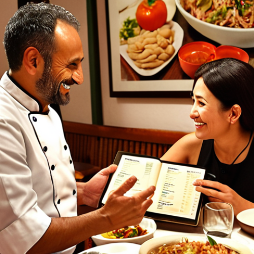 Home 16 A warm and inviting scene inside a multicultural restaurant in Spain. A compassionate Spanish chef, mid-40s, with an authentic smile, is leaning slightly towards a table of diverse diners (e.g., an Asian couple, a family from the Middle East, a European tourist). The chef is holding a menu or a small tablet, engaged in a conversation that signifies understanding and respect for cultural or dietary preferences. Subtle details like varied serving dishes or a small glossary card for exotic ingredients are visible on the table. The atmosphere is cozy, with soft lighting enhancing the empathetic connection between the chef and guests.