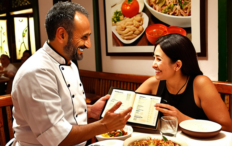 A warm and inviting scene inside a multicultural restaurant in Spain. A compassionate Spanish chef, mid-40s, with an authentic smile, is leaning slightly towards a table of diverse diners (e.g., an Asian couple, a family from the Middle East, a European tourist). The chef is holding a menu or a small tablet, engaged in a conversation that signifies understanding and respect for cultural or dietary preferences. Subtle details like varied serving dishes or a small glossary card for exotic ingredients are visible on the table. The atmosphere is cozy, with soft lighting enhancing the empathetic connection between the chef and guests.