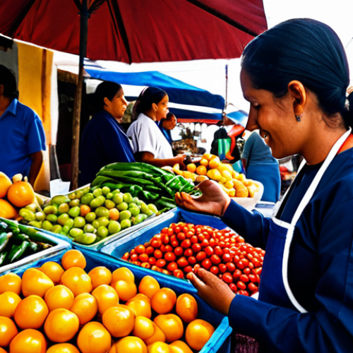 Home 7 Traditional Latin American Cuisine**
"A vibrant marketplace scene in Oaxaca, Mexico. A professional chef, fully clothed in a modest chef's uniform, is interacting with local vendors displaying colorful fruits, vegetables, and spices. Focus on the textures and colors. Safe for work, appropriate content, professional photography, perfect anatomy, correct proportions, natural pose, well-formed hands, proper finger count, natural body proportions, fully clothed."
**