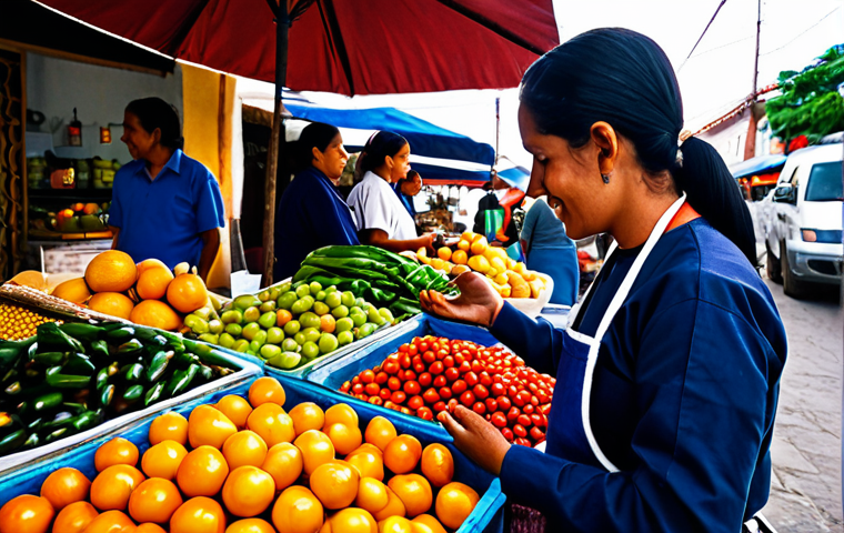 Traditional Latin American Cuisine**

"A vibrant marketplace scene in Oaxaca, Mexico. A professional chef, fully clothed in a modest chef's uniform, is interacting with local vendors displaying colorful fruits, vegetables, and spices. Focus on the textures and colors. Safe for work, appropriate content, professional photography, perfect anatomy, correct proportions, natural pose, well-formed hands, proper finger count, natural body proportions, fully clothed."

**