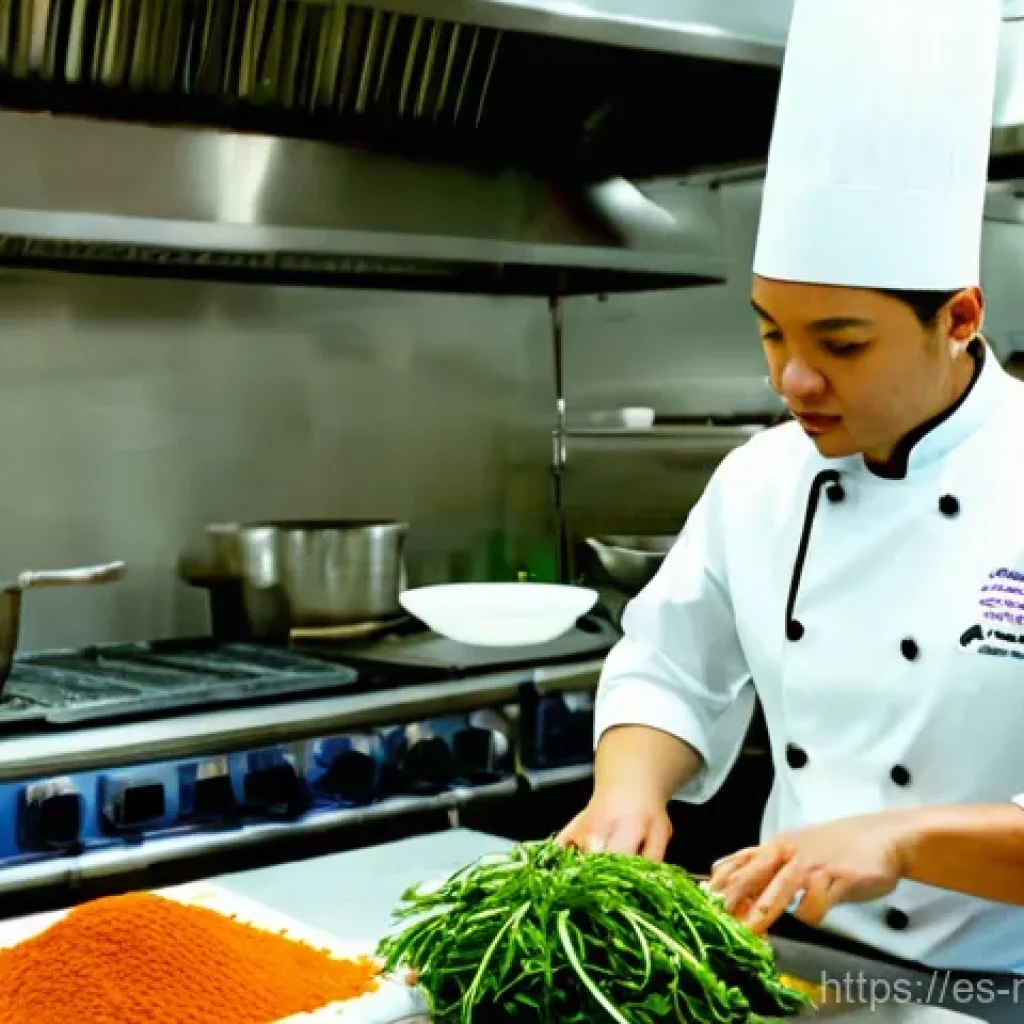 다문화 요리사로서의 커리어 전망 - **Prompt:** A dynamic, wide-angle shot capturing an adult multicultural chef, possibly of Latin Amer...
