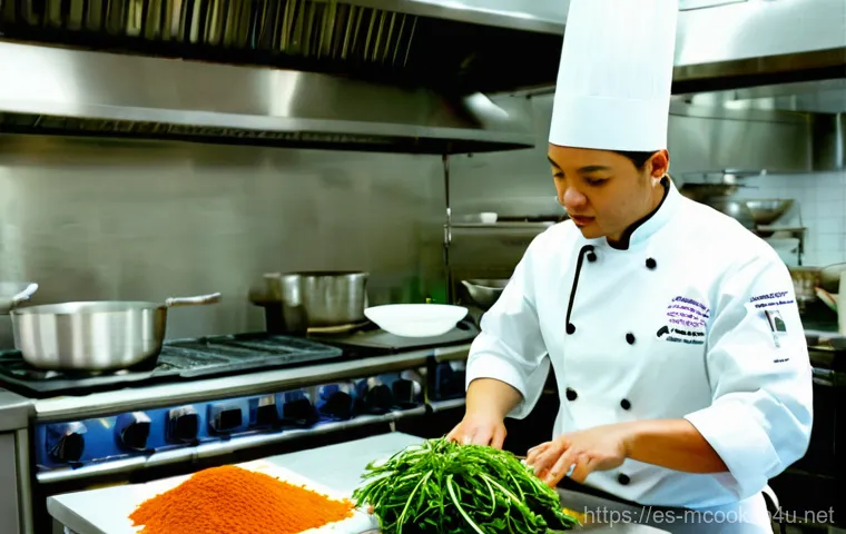 다문화 요리사로서의 커리어 전망 - **Prompt:** A dynamic, wide-angle shot capturing an adult multicultural chef, possibly of Latin Amer...