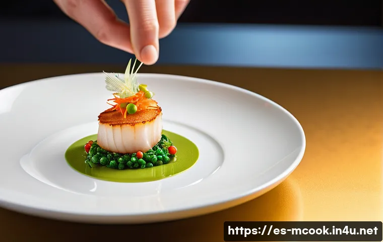 다문화 요리사와 푸드 콘텐츠 제작 - "A master chef, in a spotless, modern chef's uniform, meticulously plates a vibrant and complex fusi...