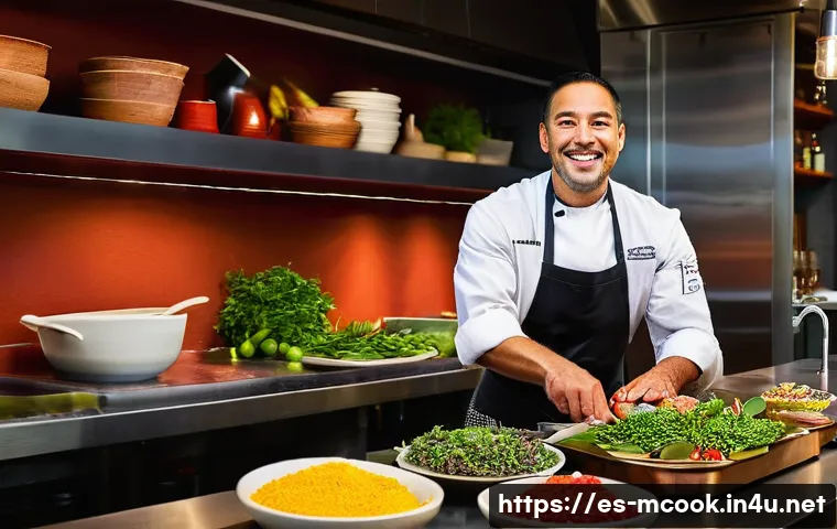 다문화 요리사 필수 조리 기법 - **Multicultural Fusion Chef in Action**
A vibrant, dynamic shot of a skilled chef, appearing to ...