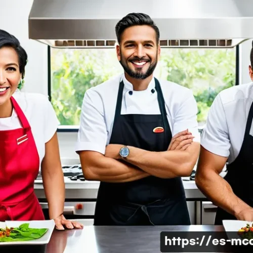 다문화 요리사와 요리 심리 테스트 - A vibrant multicultural dining scene in a modern Spanish kitchen, featuring a diverse group of chefs...
