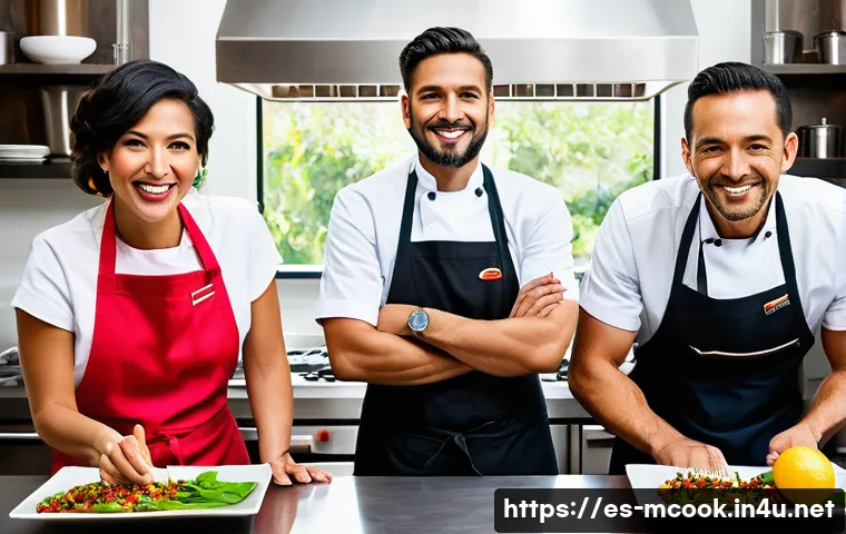다문화 요리사와 요리 심리 테스트 - A vibrant multicultural dining scene in a modern Spanish kitchen, featuring a diverse group of chefs...