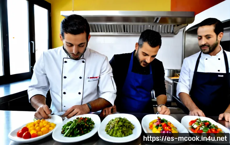 Home 17 다문화 요리사의 글로벌 트렌드 해석 - Photorealistic editorial scene of a multicultural chef team in a bright contemporary restaurant kitc...